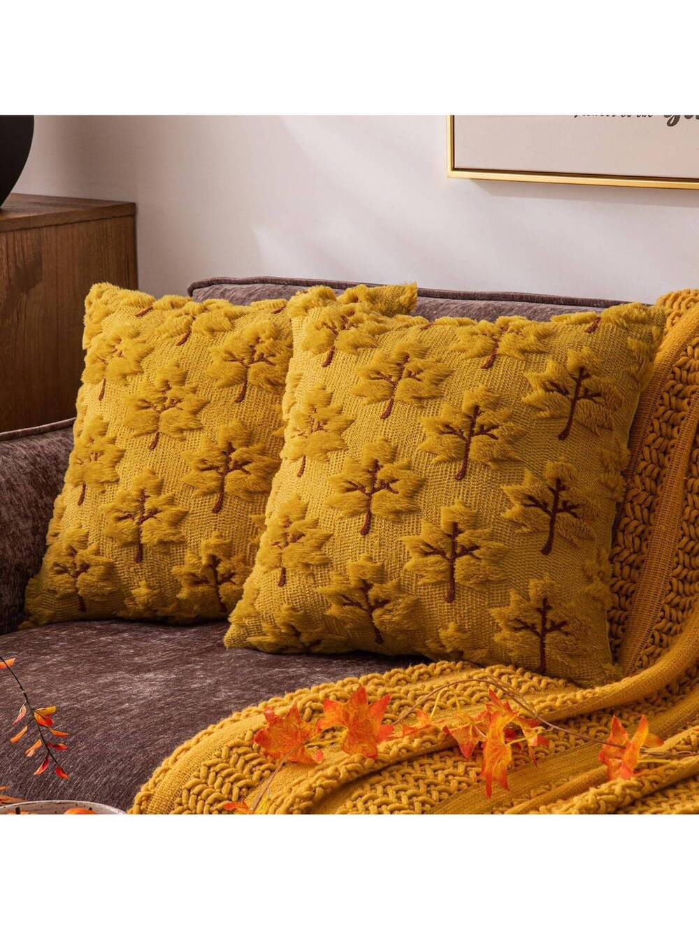 COSIBONO Mustard Maple Leaf Pillow Covers 18"x18", 2-Pack, Fall Decor, Pillow